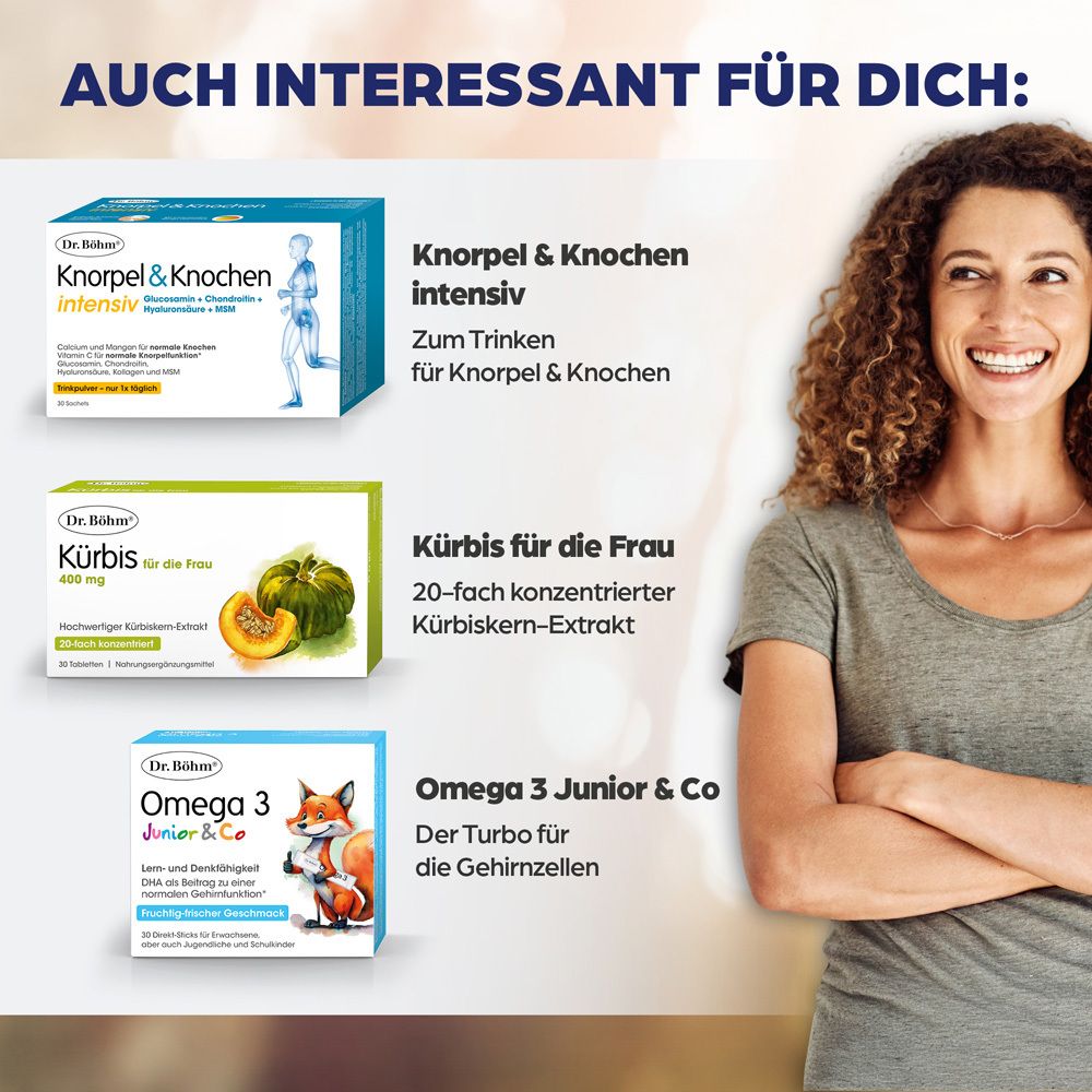 Femme souriante. Texte : Je peux recommander ces gélules d'oméga-3 à tout le monde. Je me sens très bien physiquement.