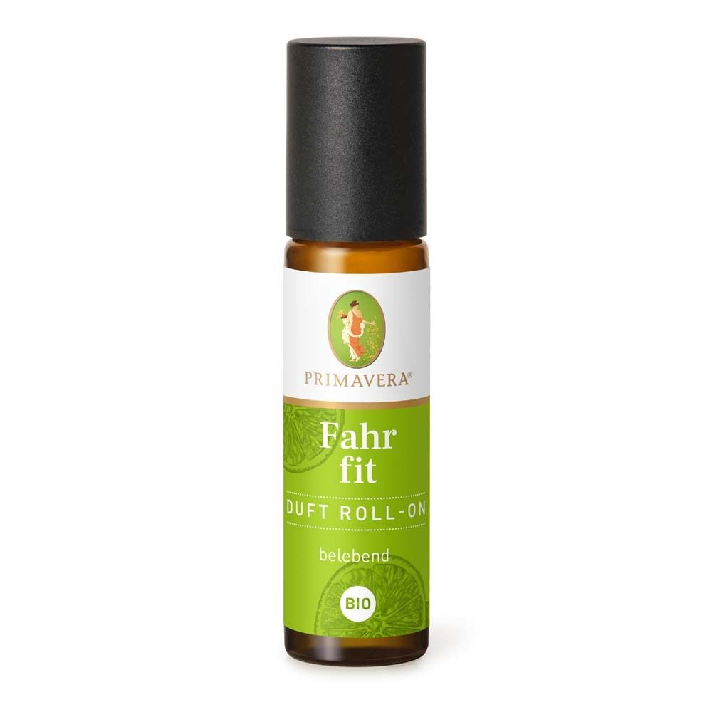 Braune Glasflasche mit schwarzem Deckel. Aufschrift: Fahr fit Duft Roll-On, belebend, BIO. Primavera Logo.