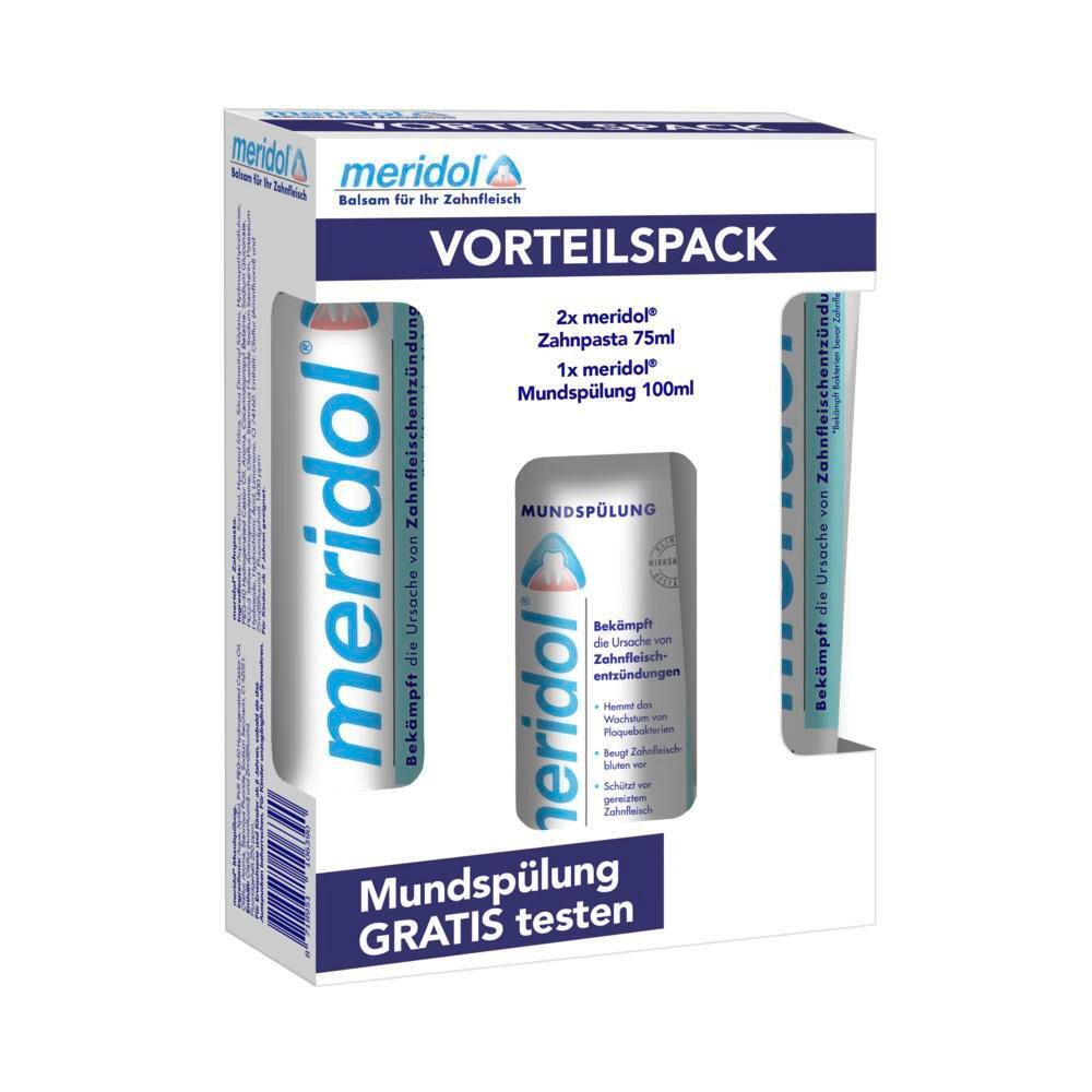 Emballage meridol avec dentifrice et bain de bouche. Contient 2 tubes de dentifrice et une bouteille de bain de bouche. Inscription : Pack avantage.