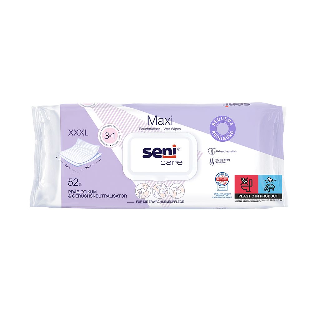 Seni Care Maxi Feuchttücher, 52 Stück, mit Probiotikum und Geruchsneutralisator.
