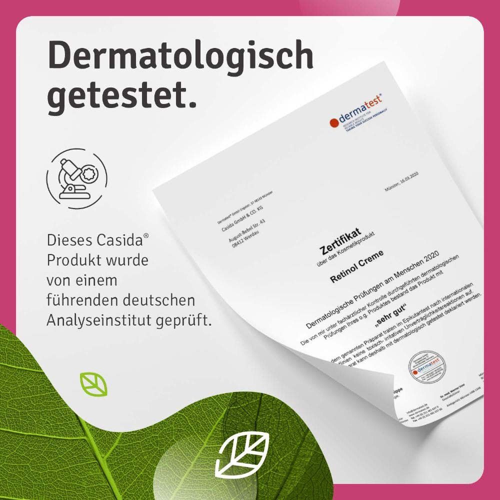 Zertifikat. Dermatologisch getestet. Casida Produkt geprüft von deutschem Analyseinstitut. Ergebnis: sehr gut.
