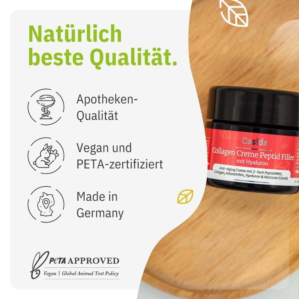 Produkt-Tiegel. Text: Natürlich beste Qualität. Apotheken-Qualität, Vegan und PETA-zertifiziert, Made in Germany.