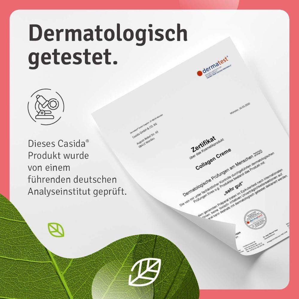 Zertifikat. Text: Dermatologisch getestet. Dieses Casida Produkt wurde von einem führenden deutschen Analyseinstitut geprüft.