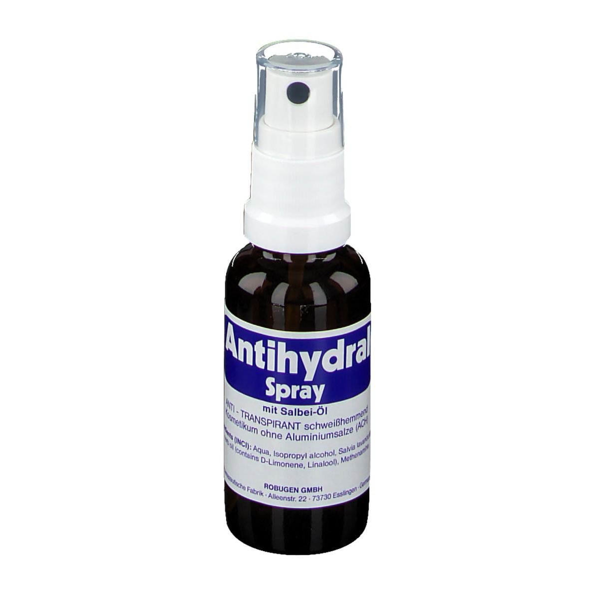 Braune Sprühflasche mit weißem Sprühkopf. Beschriftung: Antihydral Spray, mit Salbei-Öl.