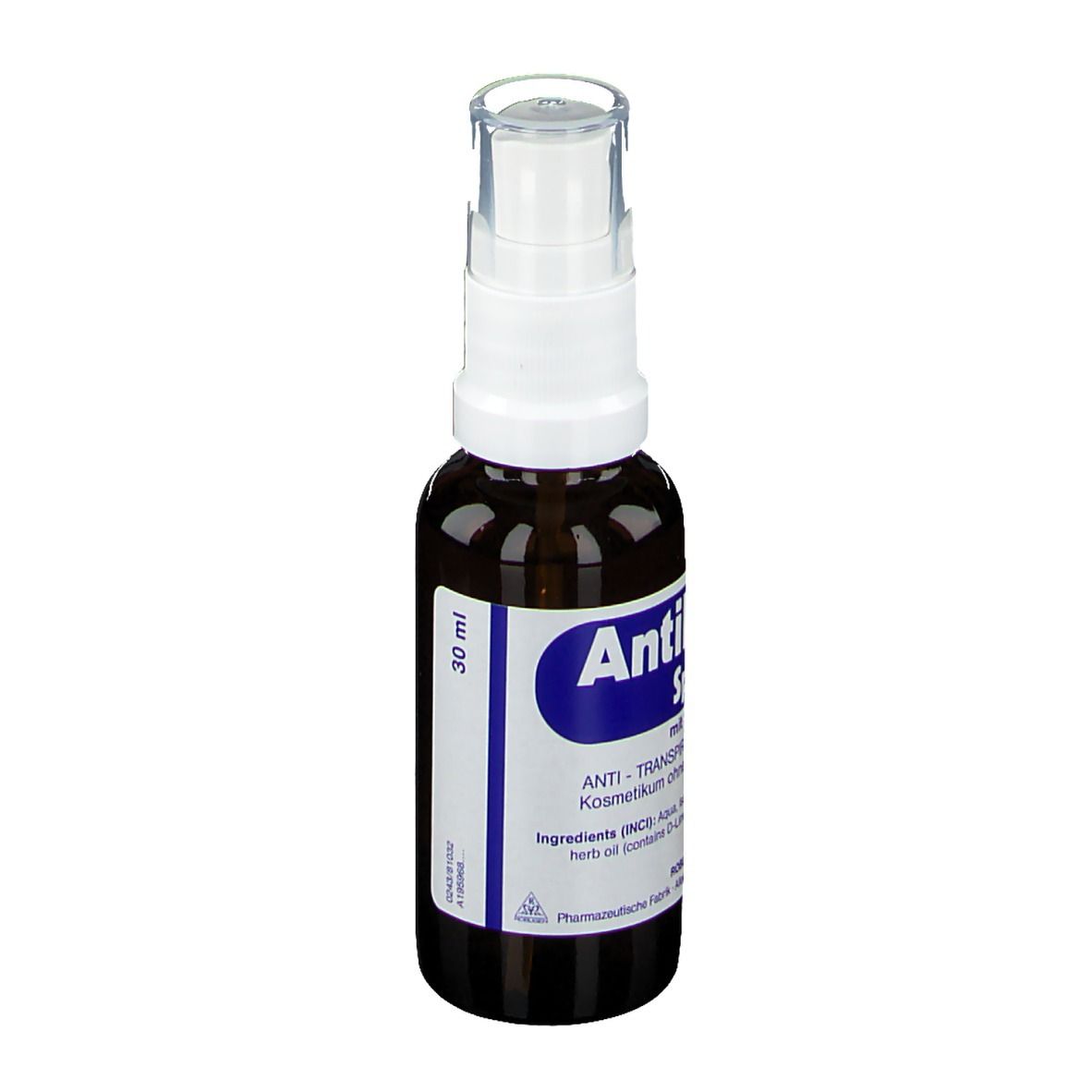 Braune Sprühflasche mit weißem Sprühkopf. Beschriftung: Antihydral Spray, 30 ml.
