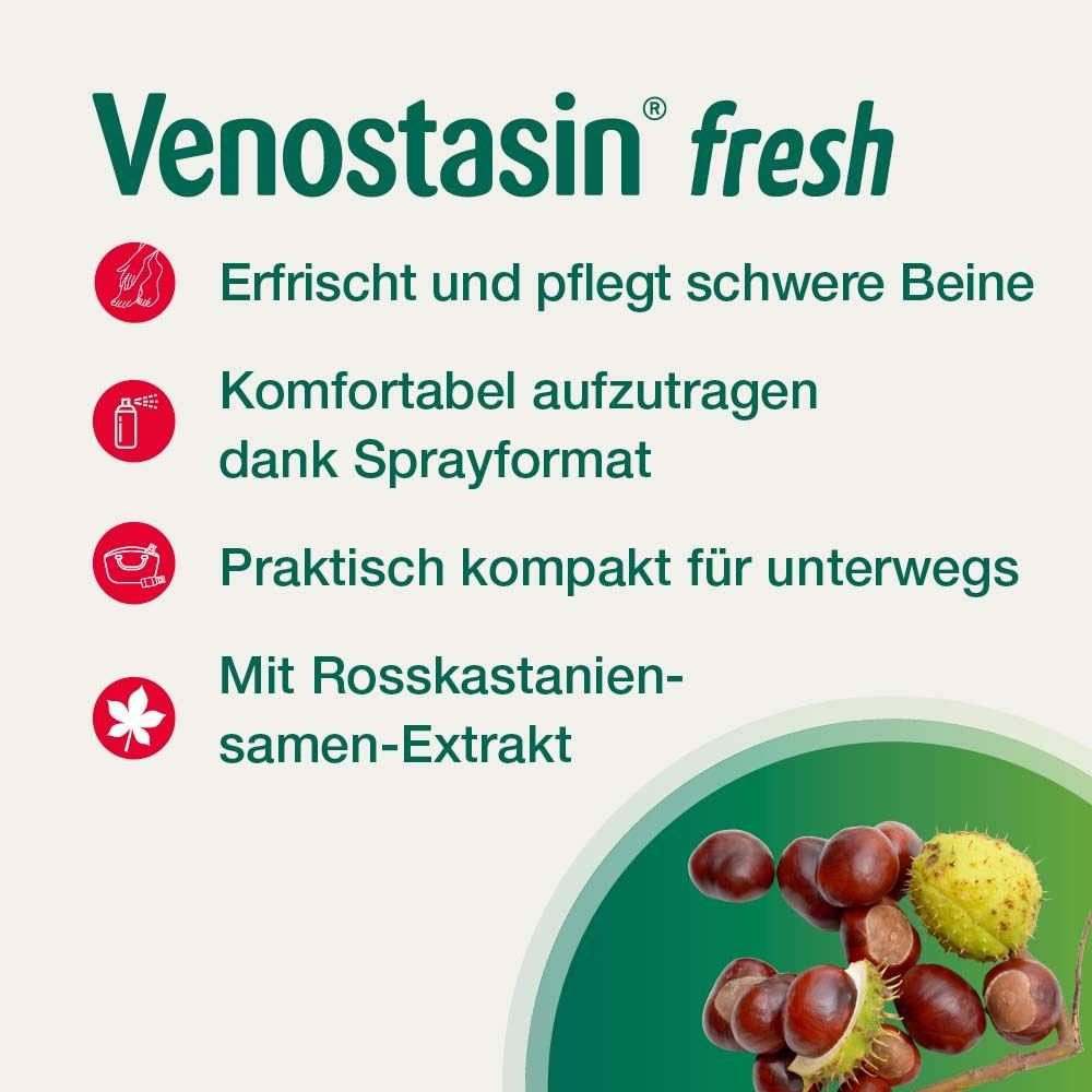 Venostasin fresh. Text: Erfrischt und pflegt schwere Beine. Komfortabel dank Sprayformat. Praktisch kompakt. Mit Rosskastanienextrakt.