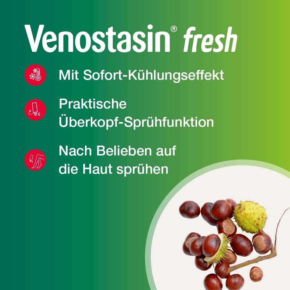 Venostasin fresh. Text: Mit Sofort-Kühleffekt. Praktische Überkopf-Sprühlfunktion. Nach Belieben auf die Haut sprühen. Kastanien.