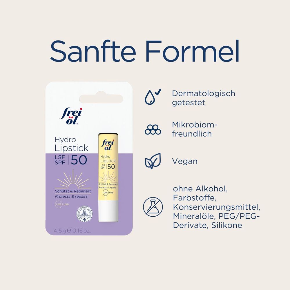 Frei Öl Hydro Lipstick LSF 50 in Blisterverpackung. Dermatologisch getestet, mikrobiomfreundlich, vegan.