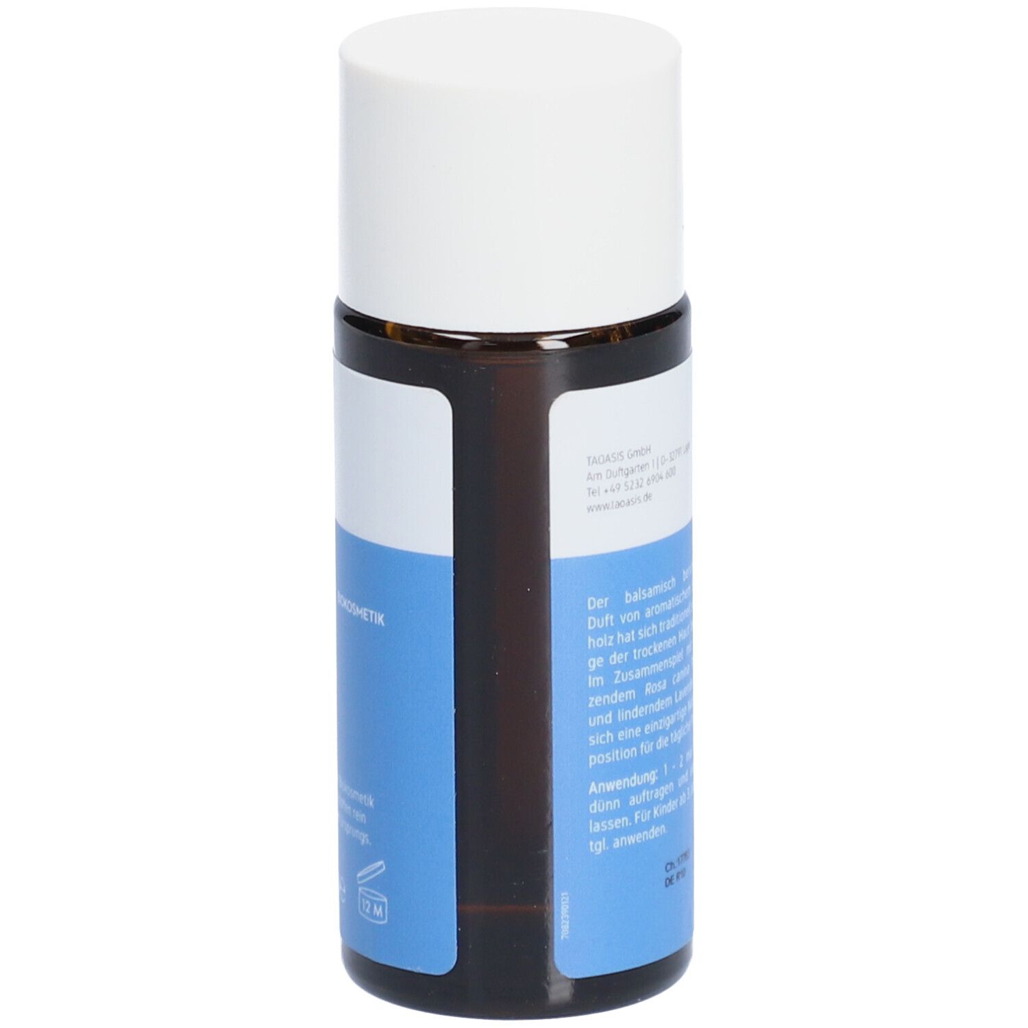 Flacon en verre brun avec bouchon blanc. Étiquette avec informations sur le produit et marque Meditao. Couleurs bleu et blanc.