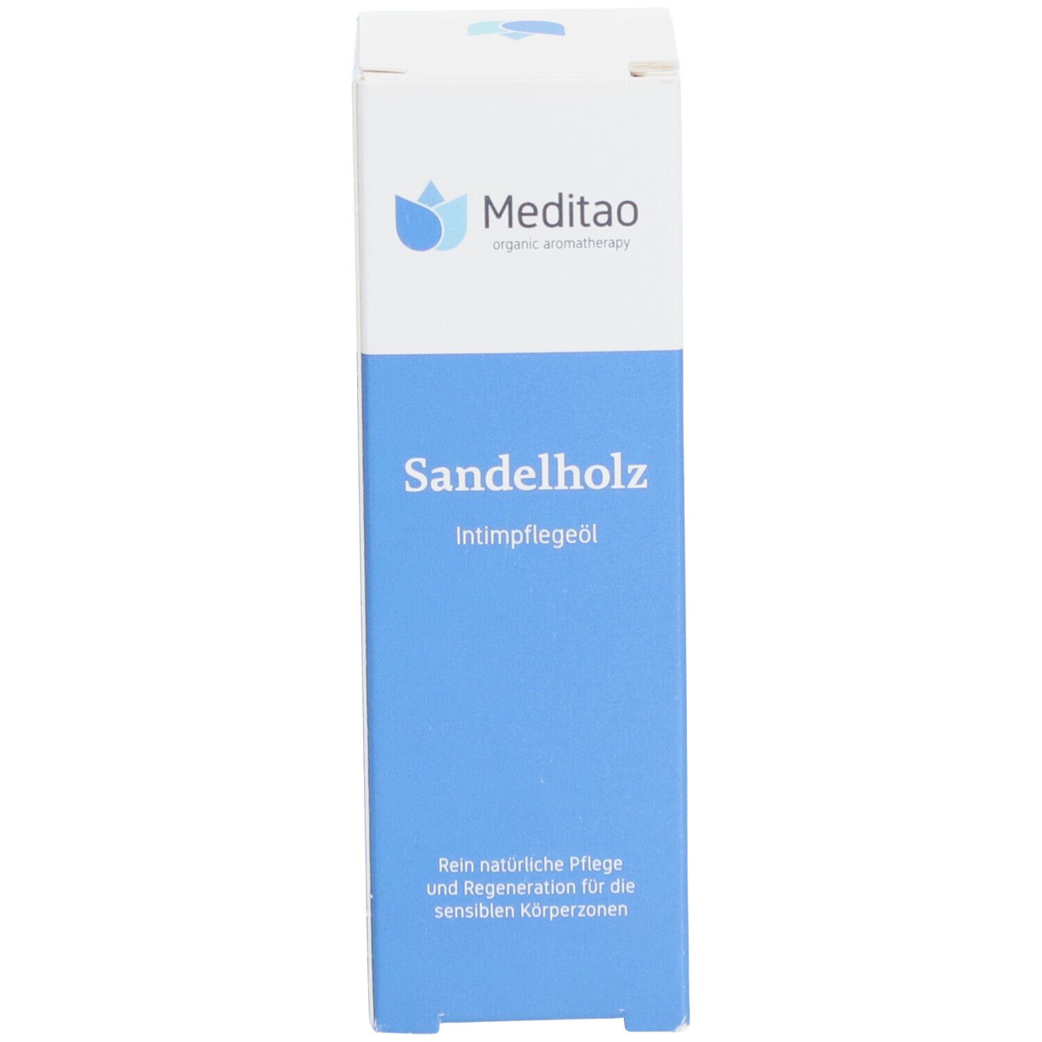 Emballage du produit. Emballage bleu et blanc avec nom du produit et marque Meditao. Texte sur l'emballage.