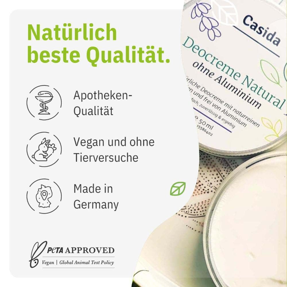 Grüner Hintergrund mit Text: Natürlich beste Qualität. Aufzählung von Eigenschaften, darunter vegan und tierversuchsfrei.