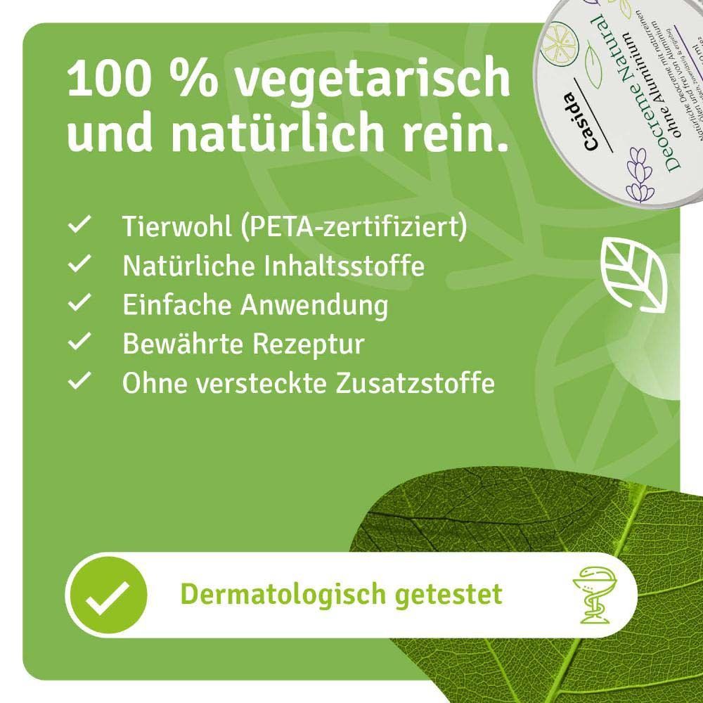 Grüner Hintergrund mit Text: 100% vegetarisch und natürlich rein. Aufzählung von Eigenschaften, darunter dermatologisch getestet.