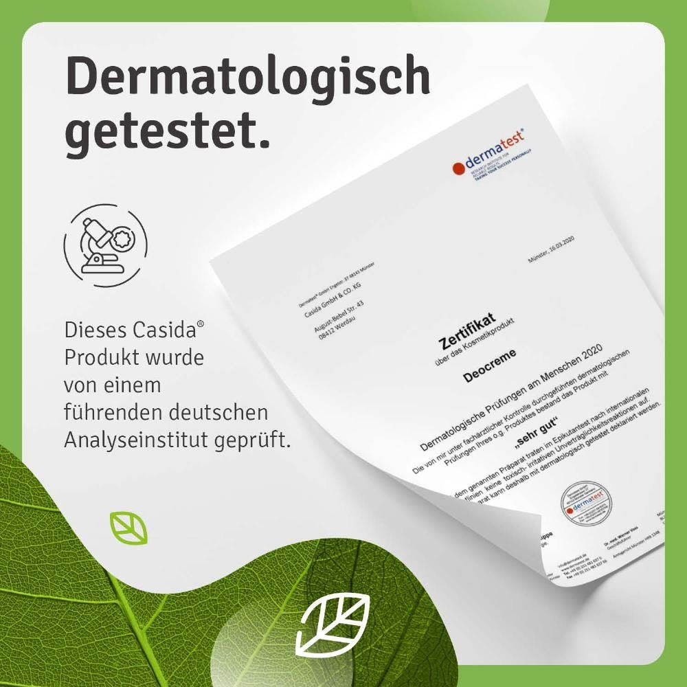 Zertifikat mit Text: Dermatologisch getestet. Text über die dermatologische Prüfung der Deocreme.