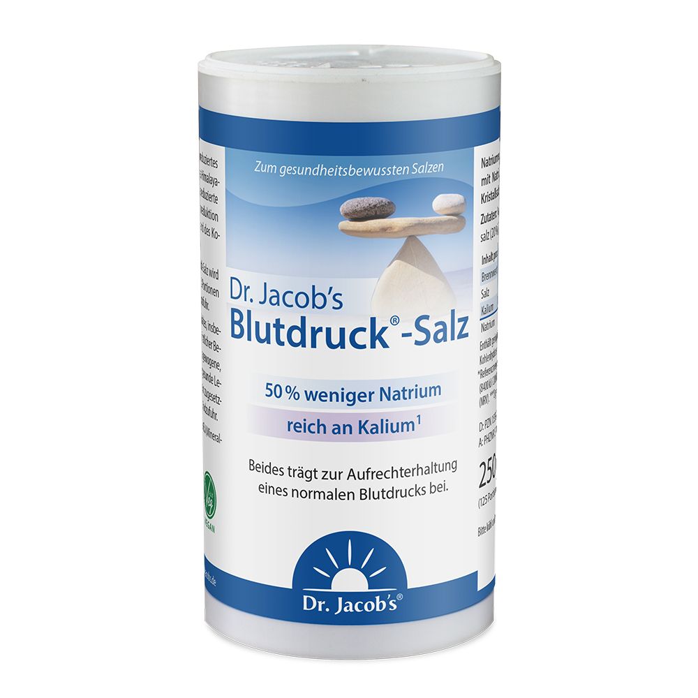 Boîte cylindrique "Dr. Jacob's Blutdruck-Salz". Emballage blanc et bleu. Texte : 50% moins de sodium, riche en potassium.