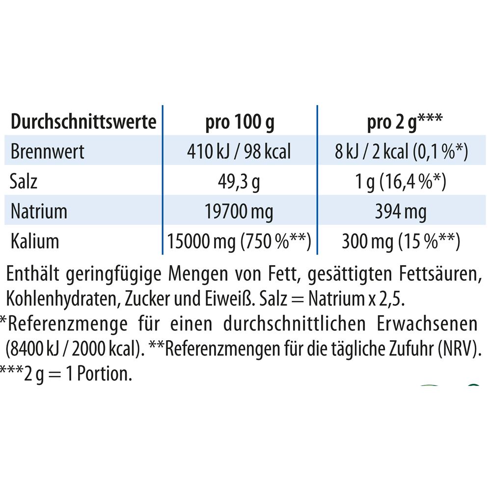 Tableau nutritionnel. Informations pour 100g et 2g. Sel, sodium, potassium. Contient de petites quantités de graisses, glucides, sucres et protéines.