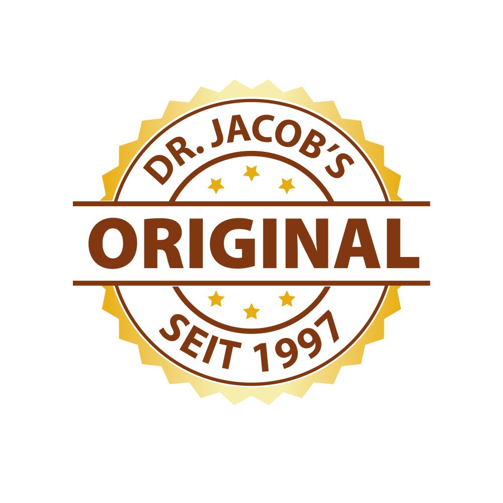 Sceau doré avec texte : "DR. JACOB'S ORIGINAL SEIT 1997". Fond marron.
