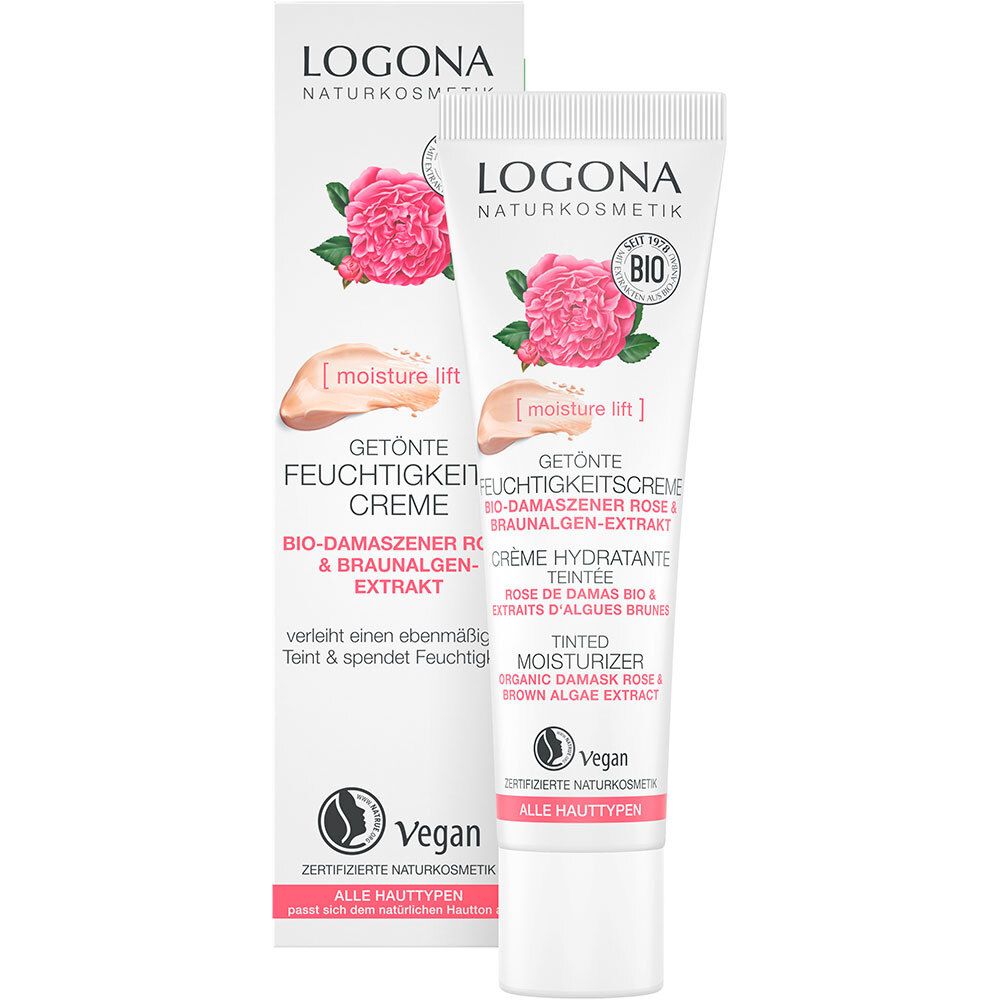Tube et emballage de crème. LOGONA Naturkosmetik. Crème hydratante teintée. Rose de Damas bio & extrait d'algues brunes. Vegan.