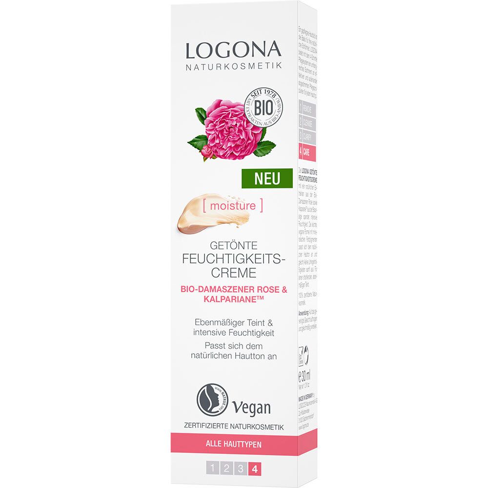 Emballage. LOGONA Naturkosmetik. Crème hydratante teintée. Rose de Damas bio & Kalpariane. Vegan. Label 'Nouveau'.