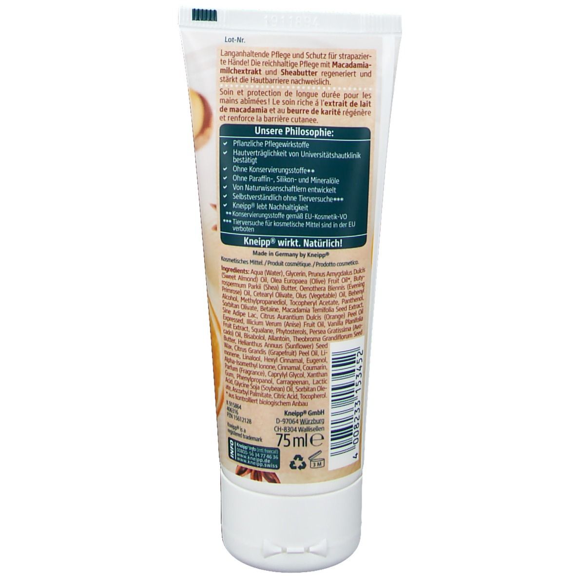 Creme-Tube mit Text. Kneipp-Logo und 75 ml. Für strapazierte Hände. Enthält Macadamia-Extrakt und Sheabutter.