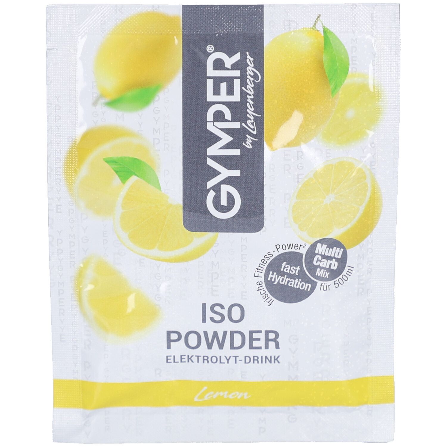 Sachet de GYMPER Iso Powder Zitrone. Illustrations de citrons et informations produit. Boisson électrolytique.