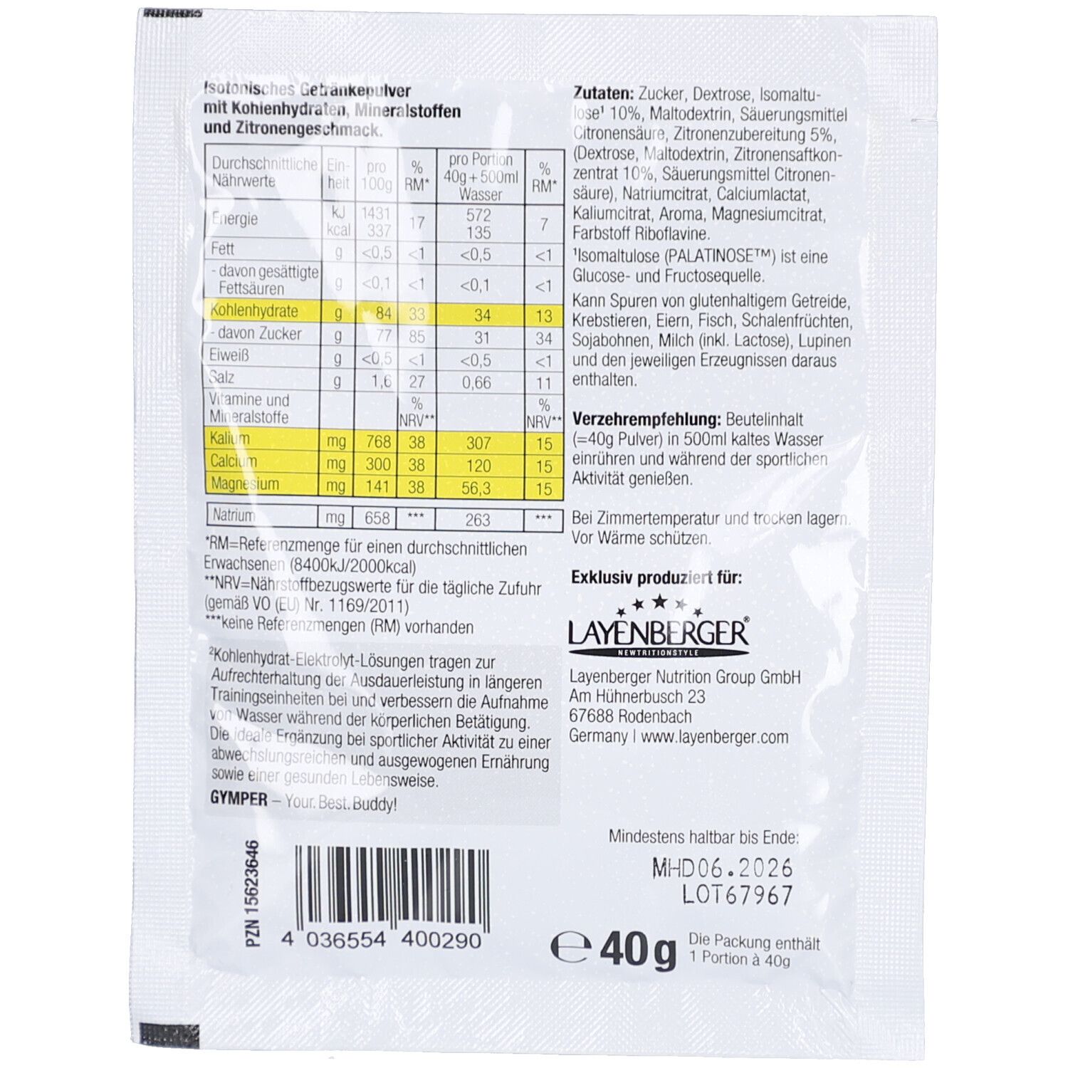 Dos du sachet GYMPER Iso Powder Zitrone. Contient informations nutritionnelles, liste des ingrédients et informations fabricant.
