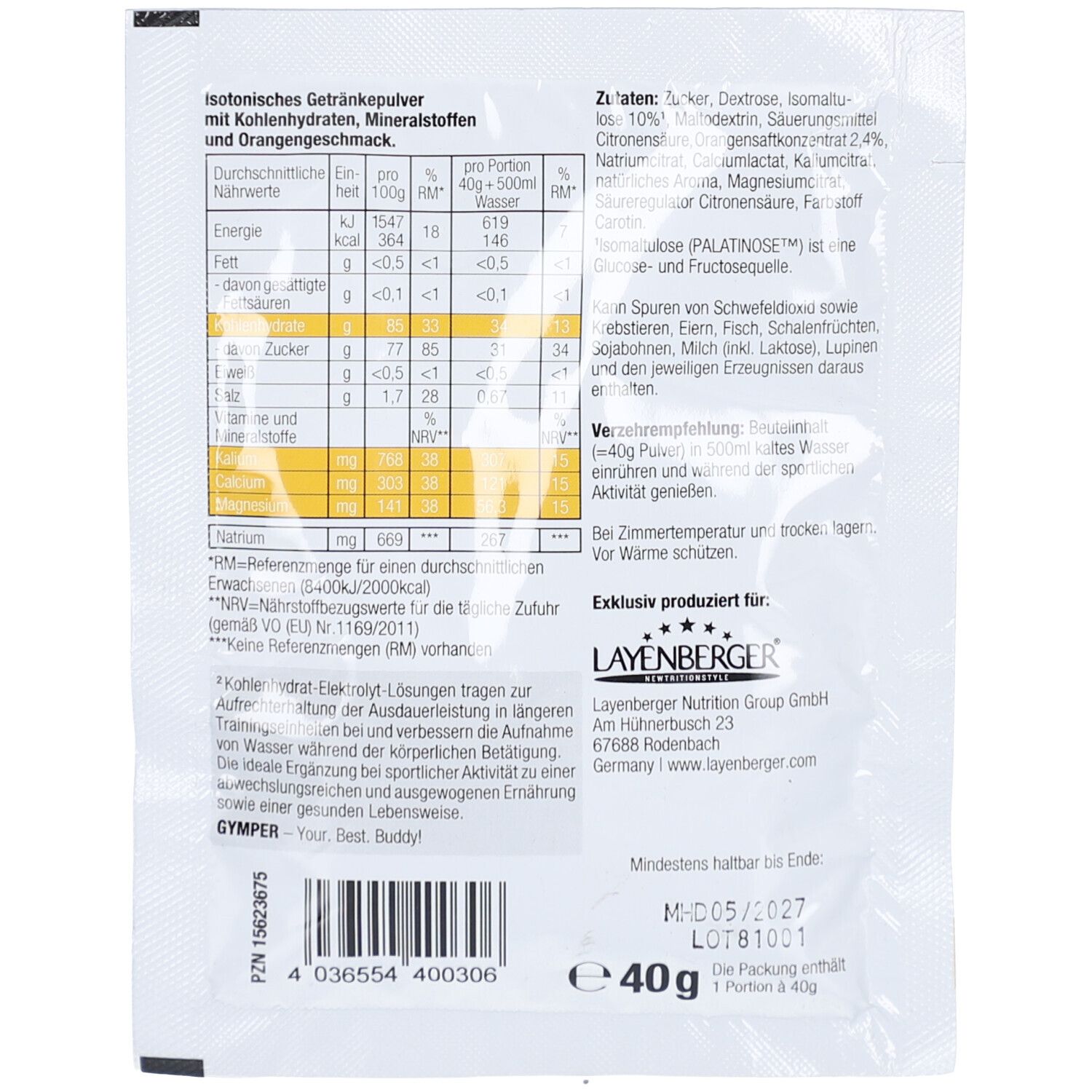 Dos du sachet avec informations sur GYMPER Iso Powder Orange. Contient des informations nutritionnelles et le fabricant.