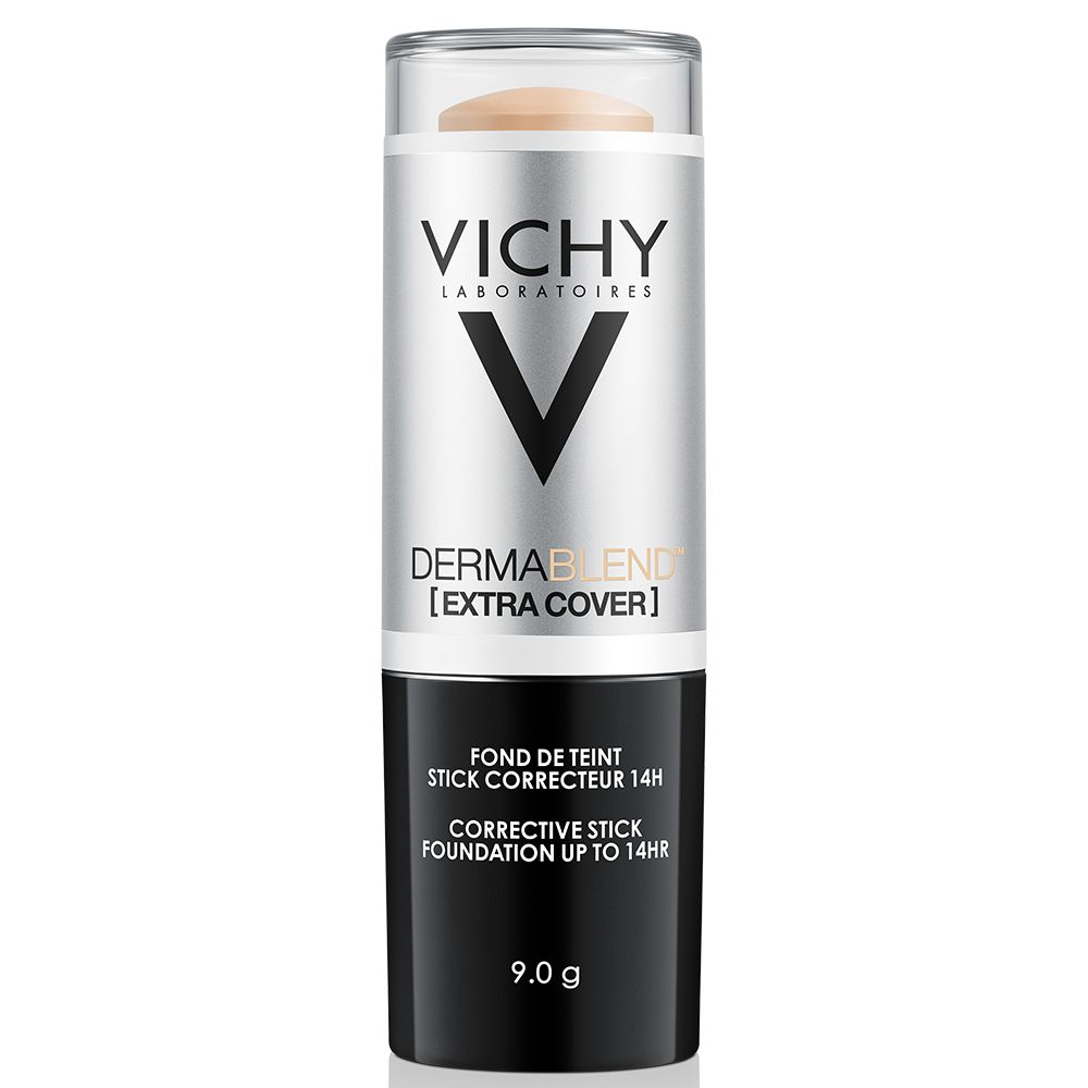 Stick correcteur. Bâton argenté avec pointe beige. Base noire avec texte. Logo Vichy.