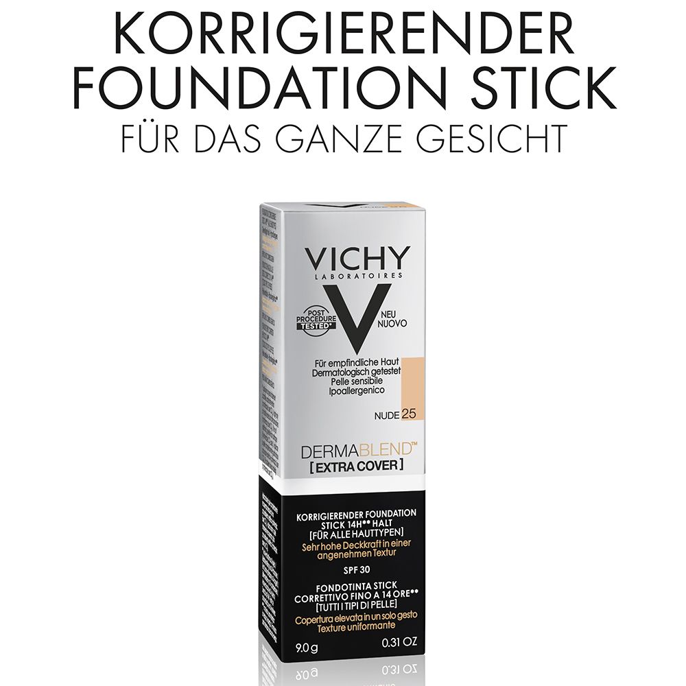 Emballage. Vichy Dermablend Extra Cover Stick. Texte: Stick de fond de teint correcteur.