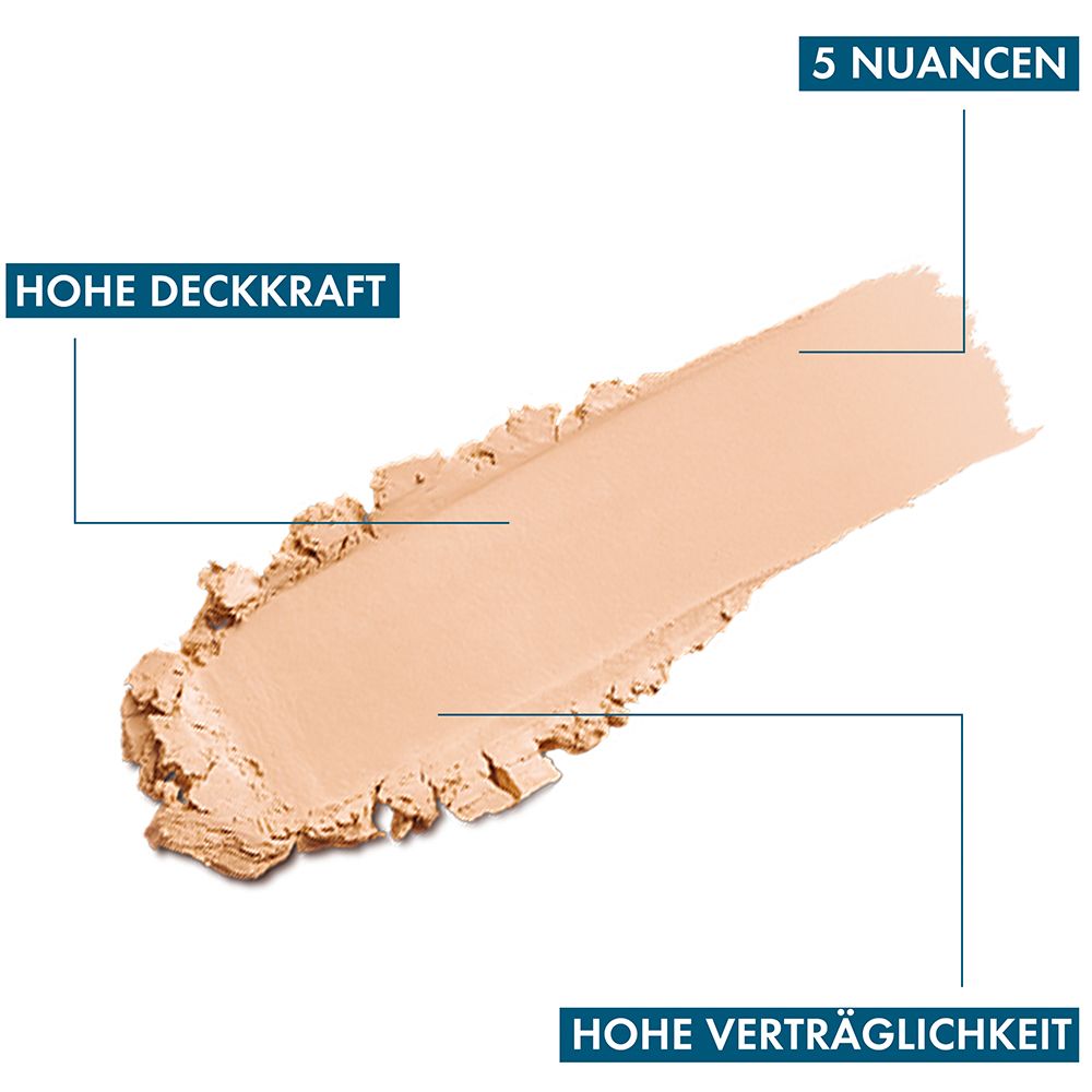 Trait de maquillage. Texte: Haute couvrance, 5 nuances, Haute tolérance.