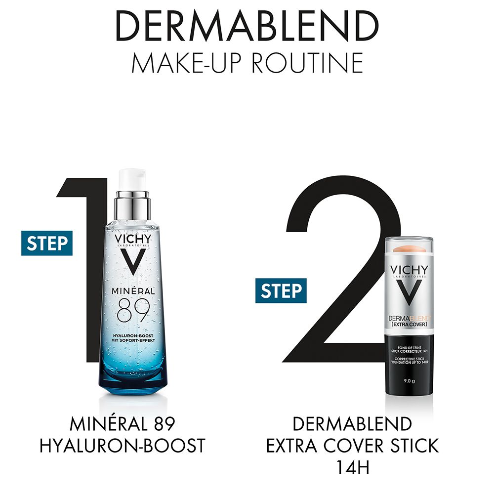 Étapes 1 et 2. Vichy Mineral 89 et Dermablend Extra Cover Stick.