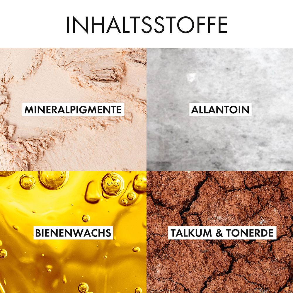 Ingrédients. Pigments minéraux, Allantoïne, Cire d'abeille, Talc & Argile.