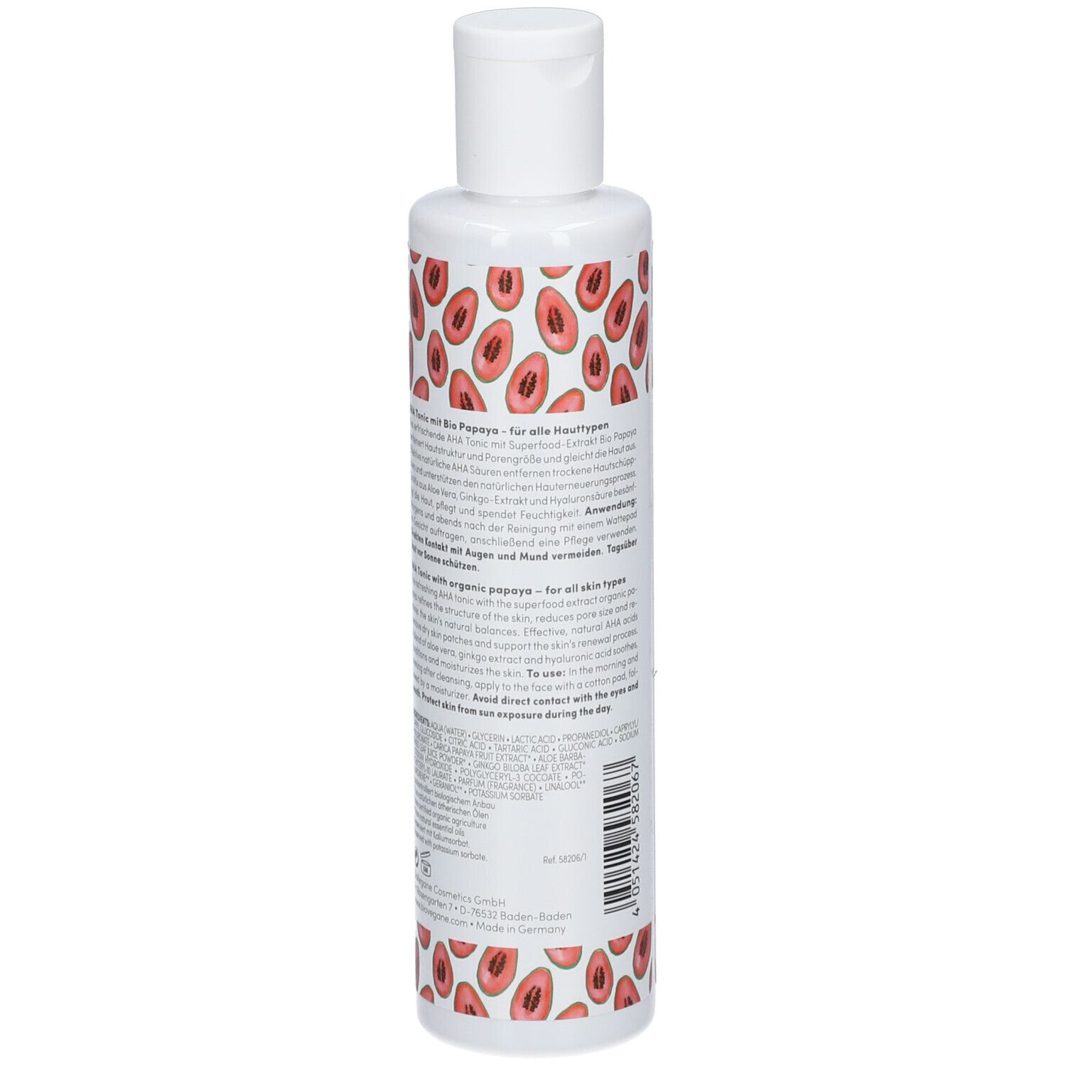 Rückseite einer weißen Flasche mit Papaya-Muster. Enthält detaillierte Produktinformationen.