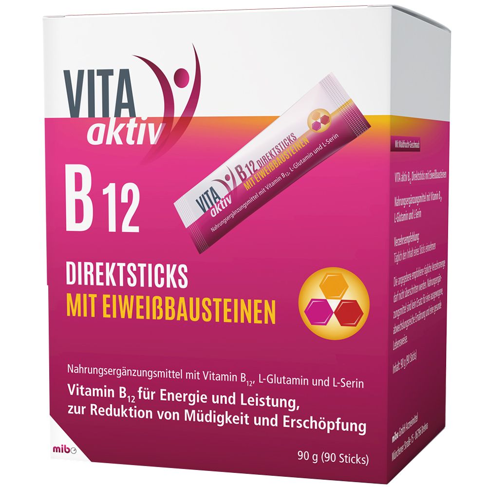 VITA aktiv B12 Direktsticks-Packung. Rosa-weißes Design mit Produktnamen und Logo. Enthält eine einzelne Stick-Packung.