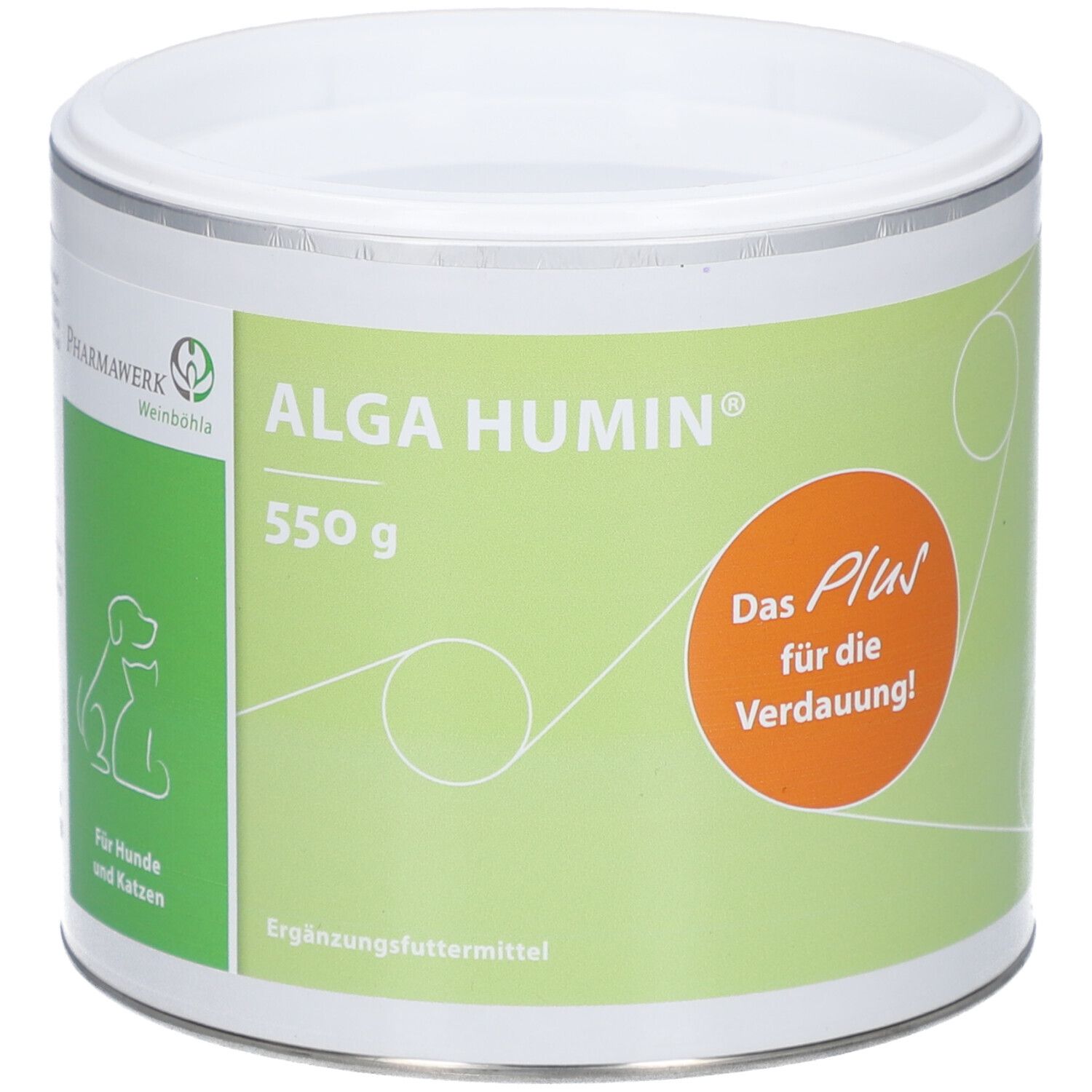 Boîte ALGA HUMIN, 550 g. Étiquette verte et blanche avec texte et logo. Cercle orange avec texte. Couvercle blanc.