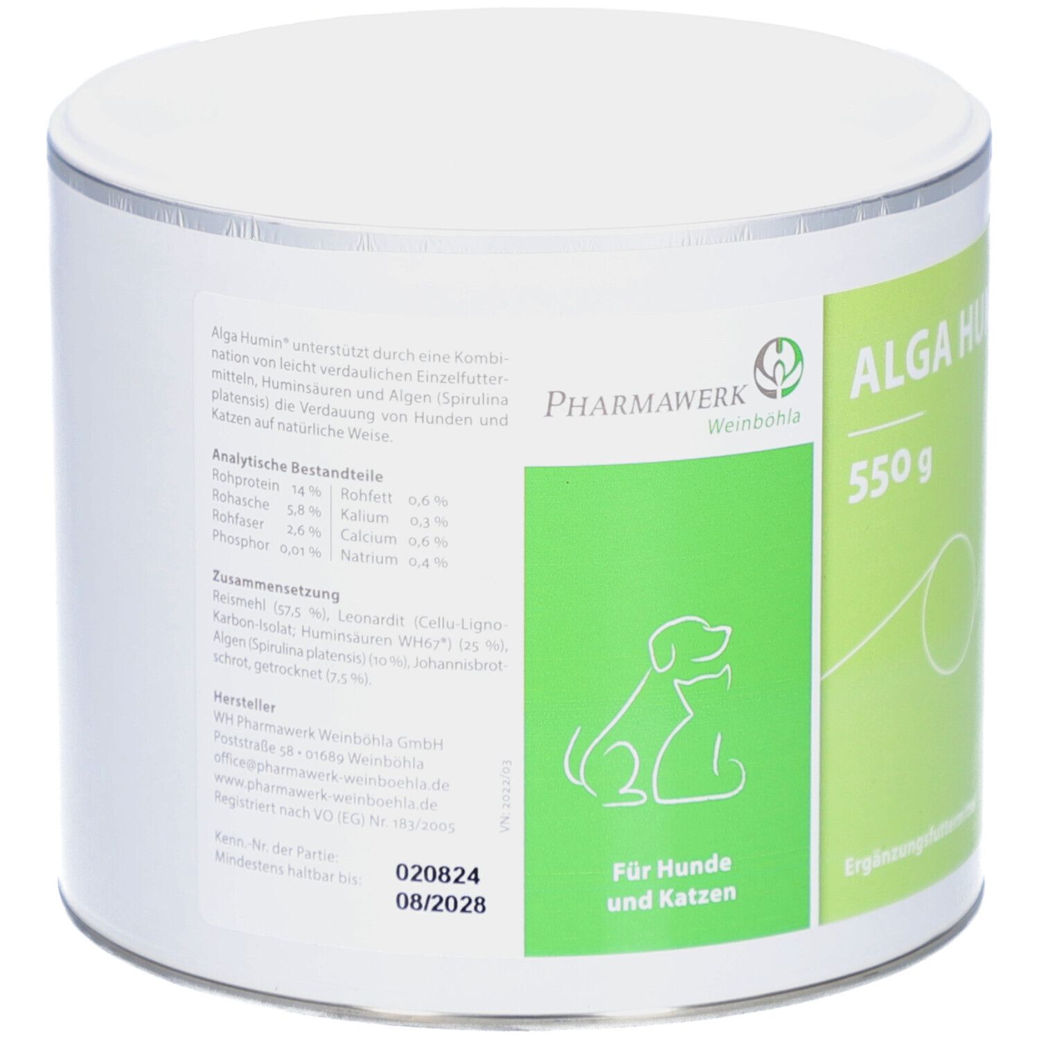 Boîte ALGA HUMIN, 550 g. Dos avec texte, ingrédients et logo. Pour chiens et chats. Date de péremption.