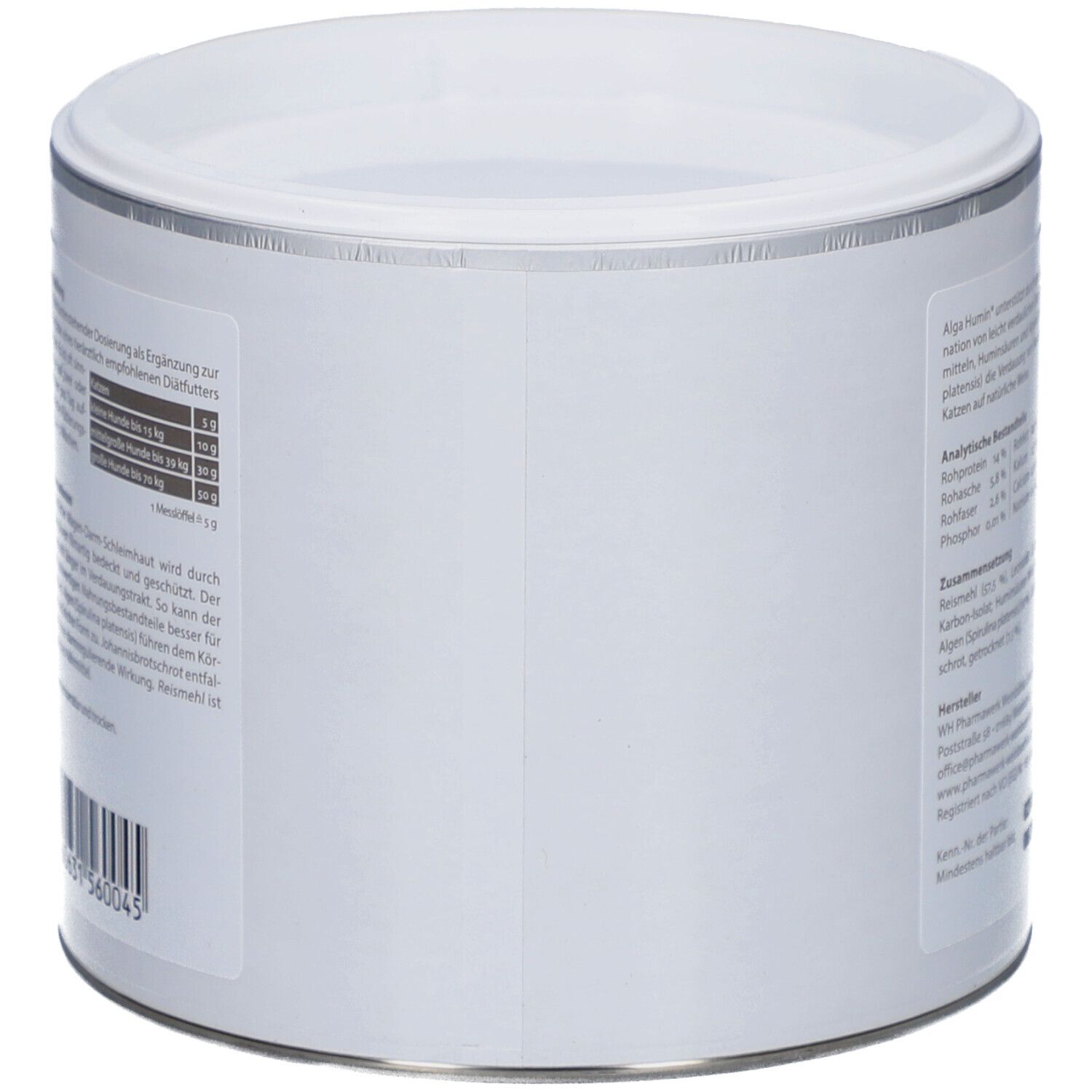Boîte cylindrique, blanche avec bord argenté. Aucune inscription visible. Couvercle blanc.