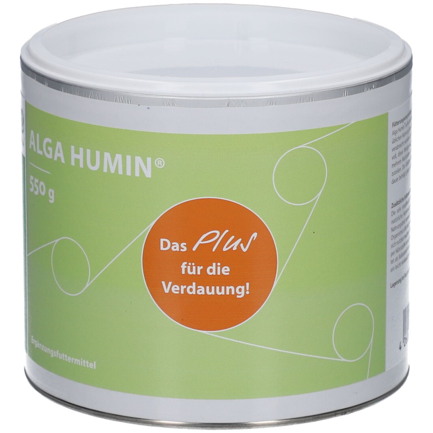 Boîte ALGA HUMIN, 550 g. Étiquette verte et blanche avec texte et logo. Cercle orange avec texte. Couvercle blanc.