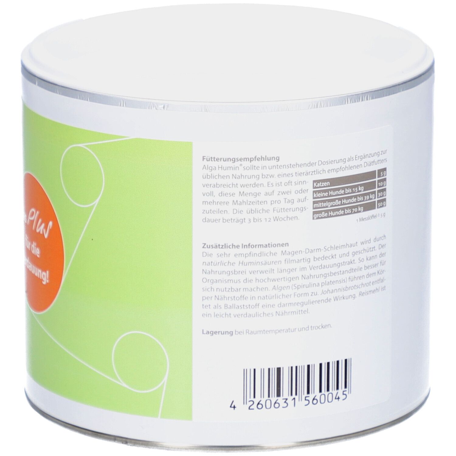 Boîte ALGA HUMIN, 550 g. Étiquette verte et blanche avec texte et logo. Cercle orange avec texte. Couvercle blanc.