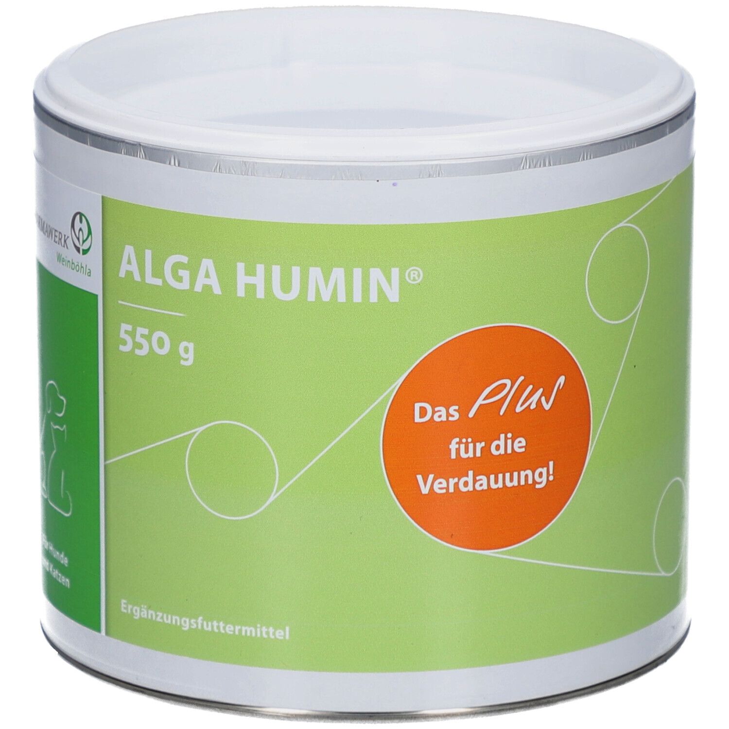 Boîte ALGA HUMIN, 550 g. Étiquette verte et blanche avec texte et logo. Cercle orange avec texte. Couvercle blanc.