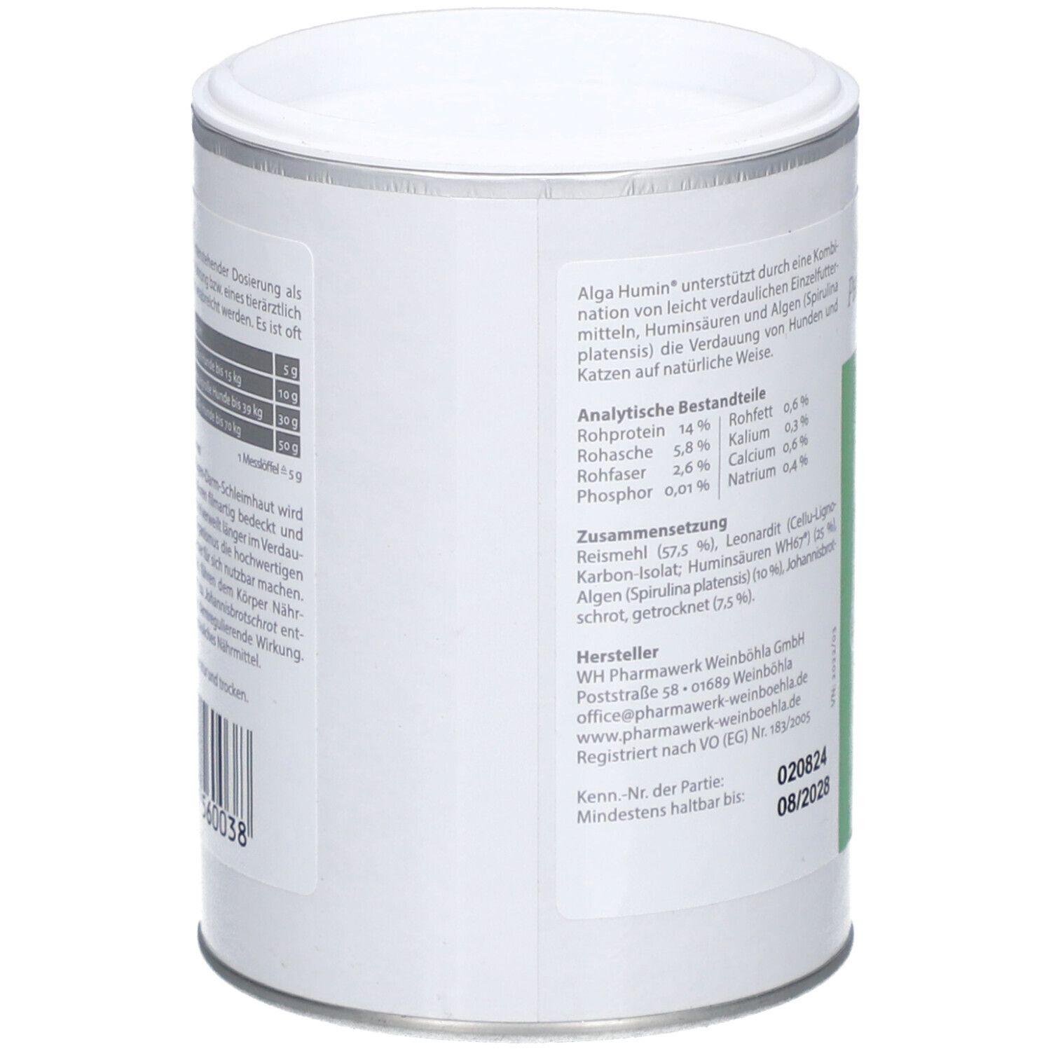 Dose mit Deckel. Text und Informationen auf weißem Hintergrund. Barcode und Mindesthaltbarkeitsdatum.