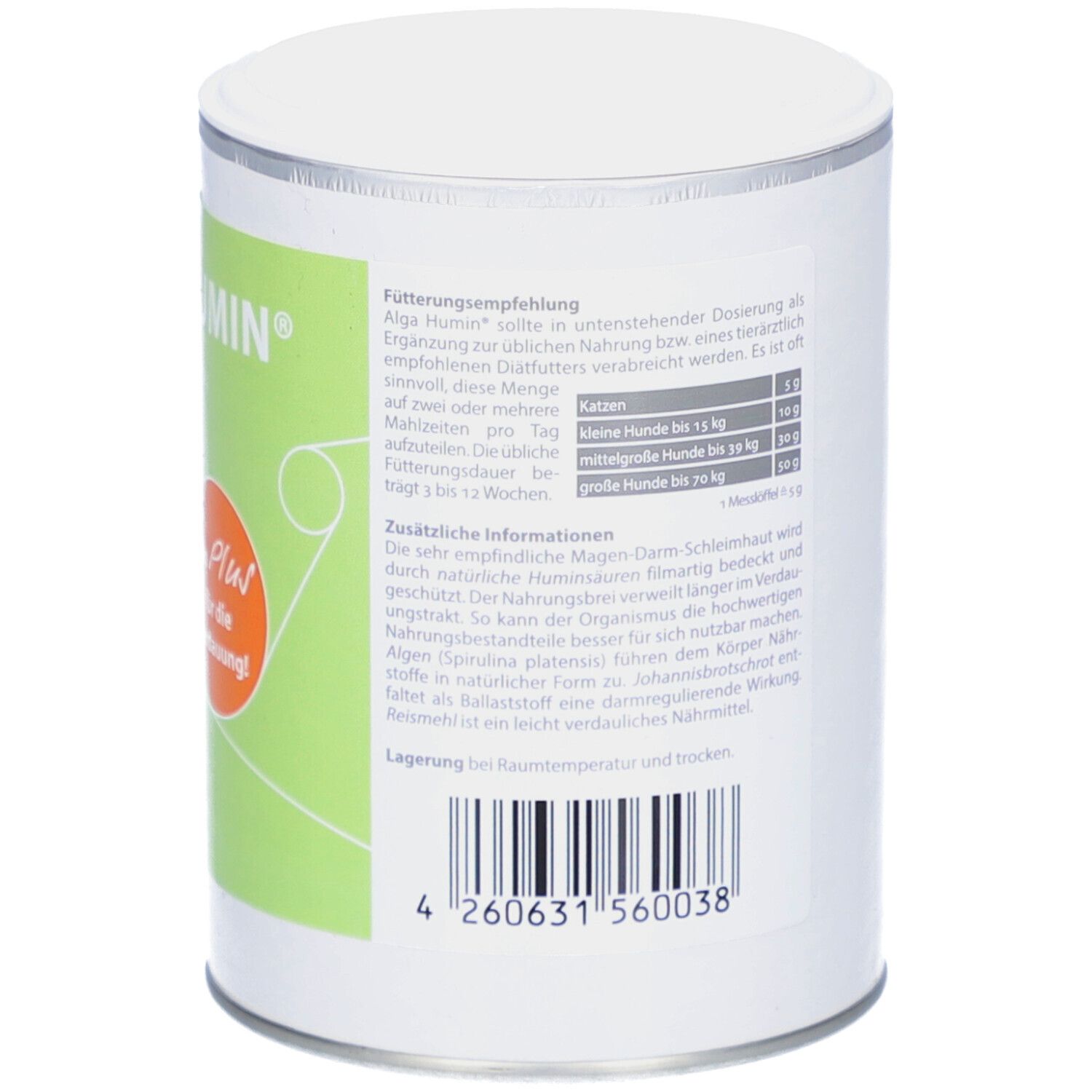 Dose mit Deckel. Text und Informationen auf weißem Hintergrund. Text: Fütterungsempfehlung. Barcode.