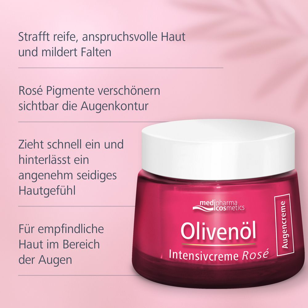 Creme-Glas mit Text. Aufschrift: Olivenöl Intensivcreme Rosé Augencreme. Marke: medi-pharmacosmetics. Text: Augencreme.