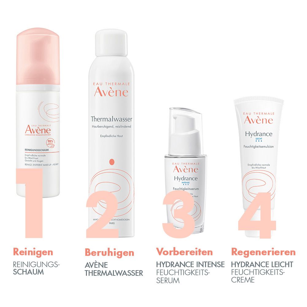 Quatre produits Avène: Mousse nettoyante, eau thermale, sérum Hydrance, crème Hydrance. Texte: Nettoyer, apaiser, préparer, régénérer.