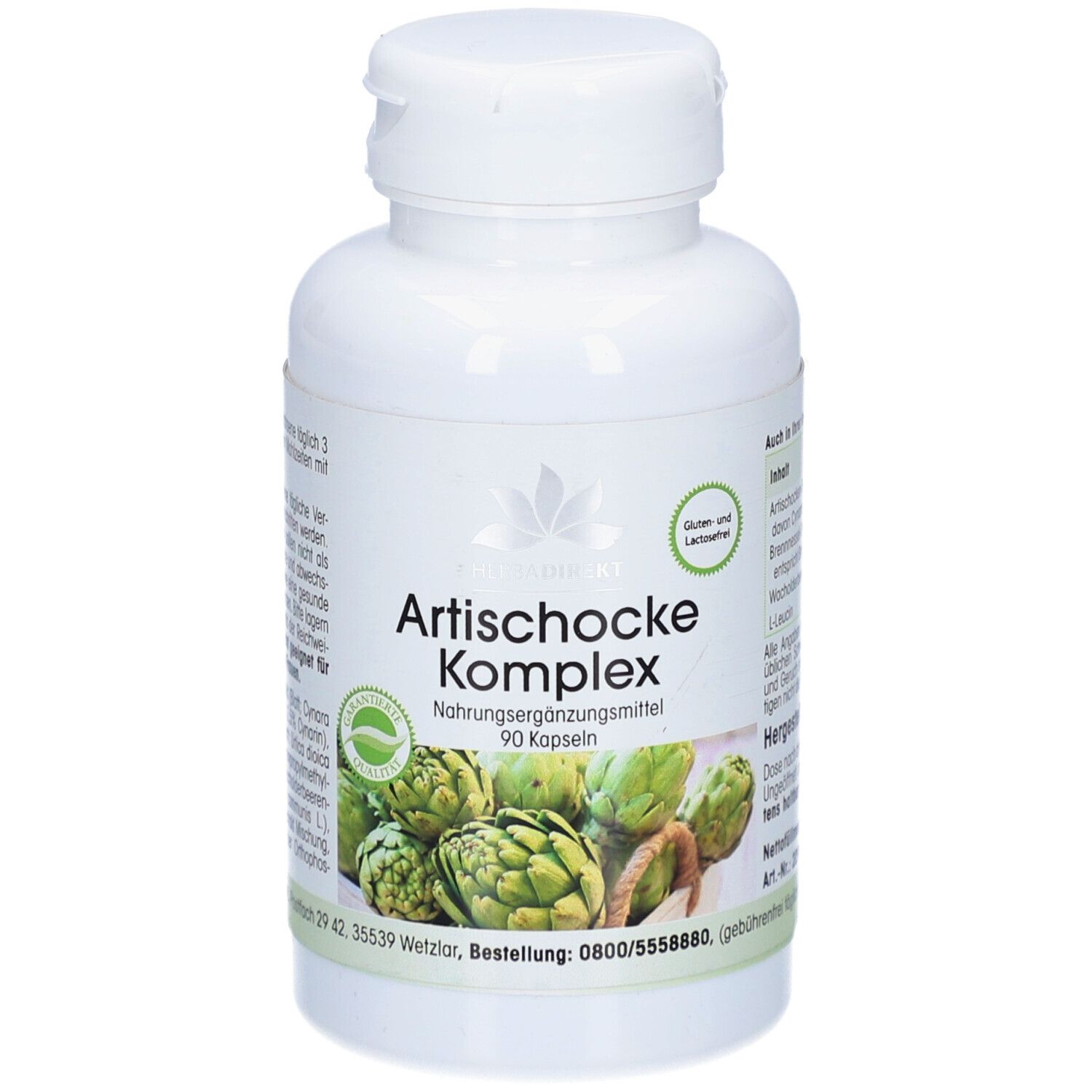 Weiße Flasche mit Kapseln. Aufschrift: Artischocke Komplex, 90 Kapseln. Grün-weiße Verpackung mit Artischocken-Abbildung.