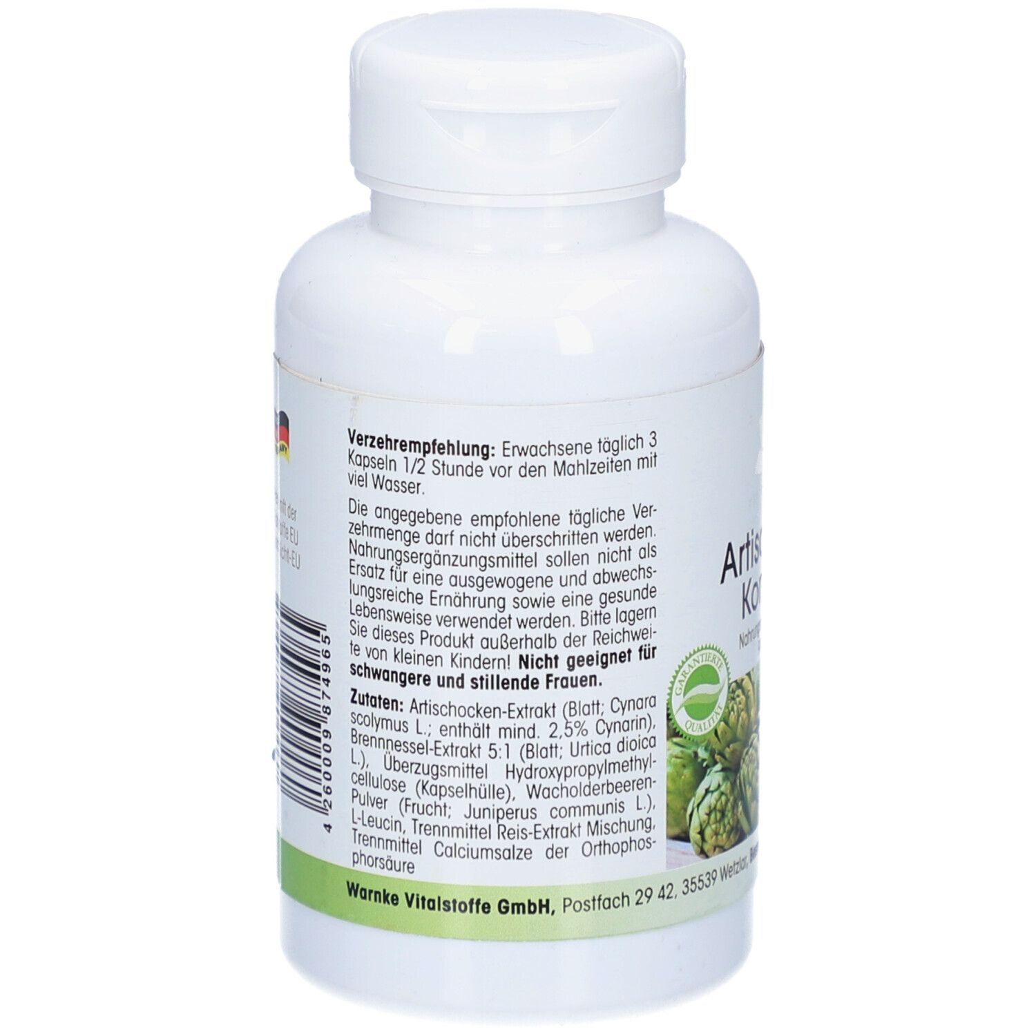 Rückseite der Flasche. Text: Verzehrempfehlung, Zutaten. Grün-weiße Beschriftung. Enthält Artischocken-Extrakt, Brennnessel-Extrakt.