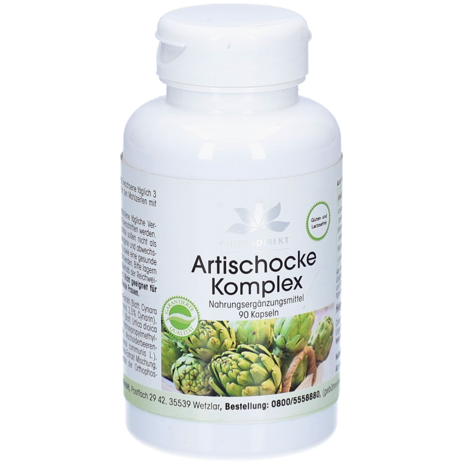 Weiße Flasche mit Kapseln. Aufschrift: Artischocke Komplex, 90 Kapseln. Grün-weiße Verpackung mit Artischocken-Abbildung.