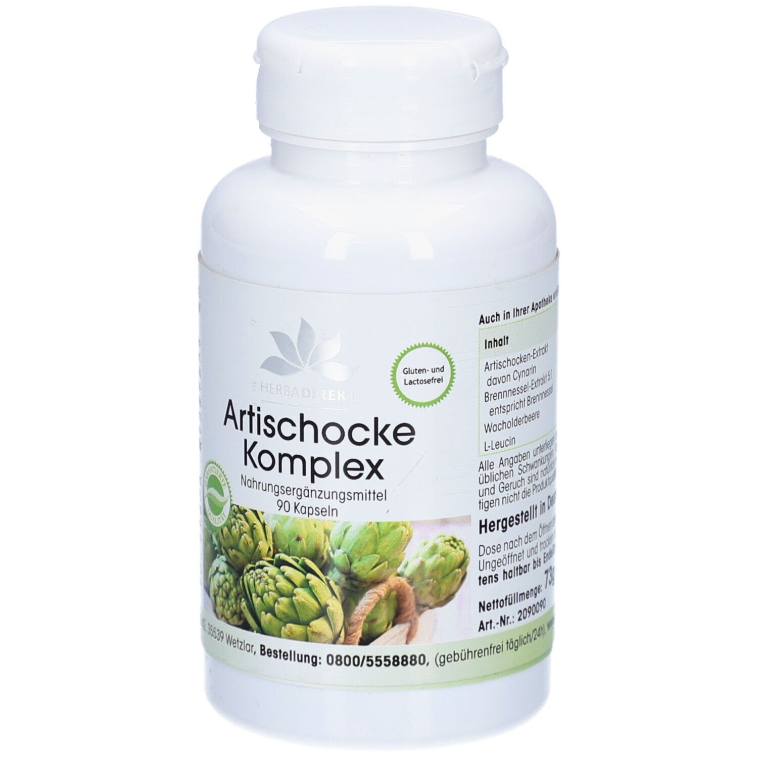 Weiße Flasche mit Kapseln. Aufschrift: Artischocke Komplex, 90 Kapseln. Grün-weiße Verpackung mit Artischocken-Abbildung.