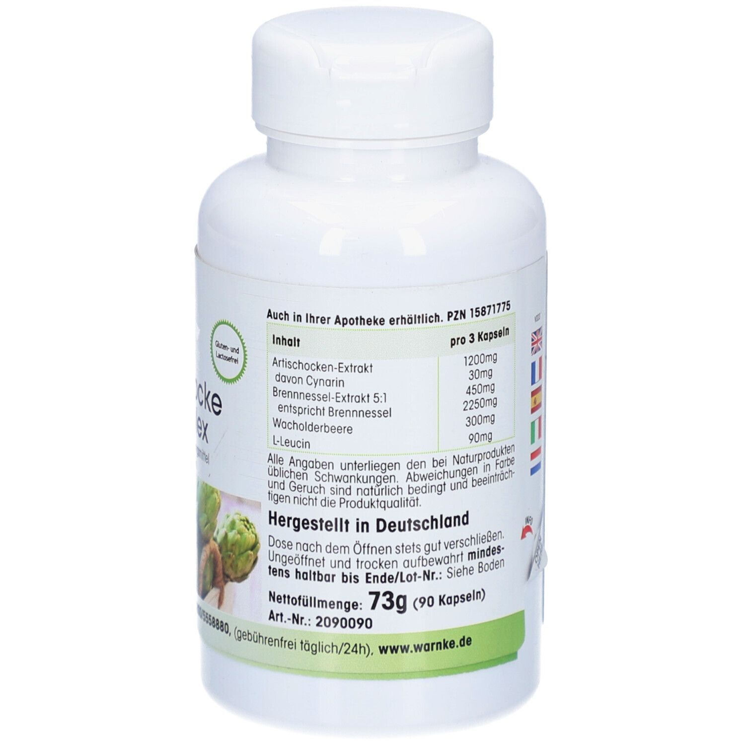 Rückseite der Flasche. Text: Inhaltsstoffe, Dosierung. Hergestellt in Deutschland. Nettogewicht 73g (90 Kapseln).