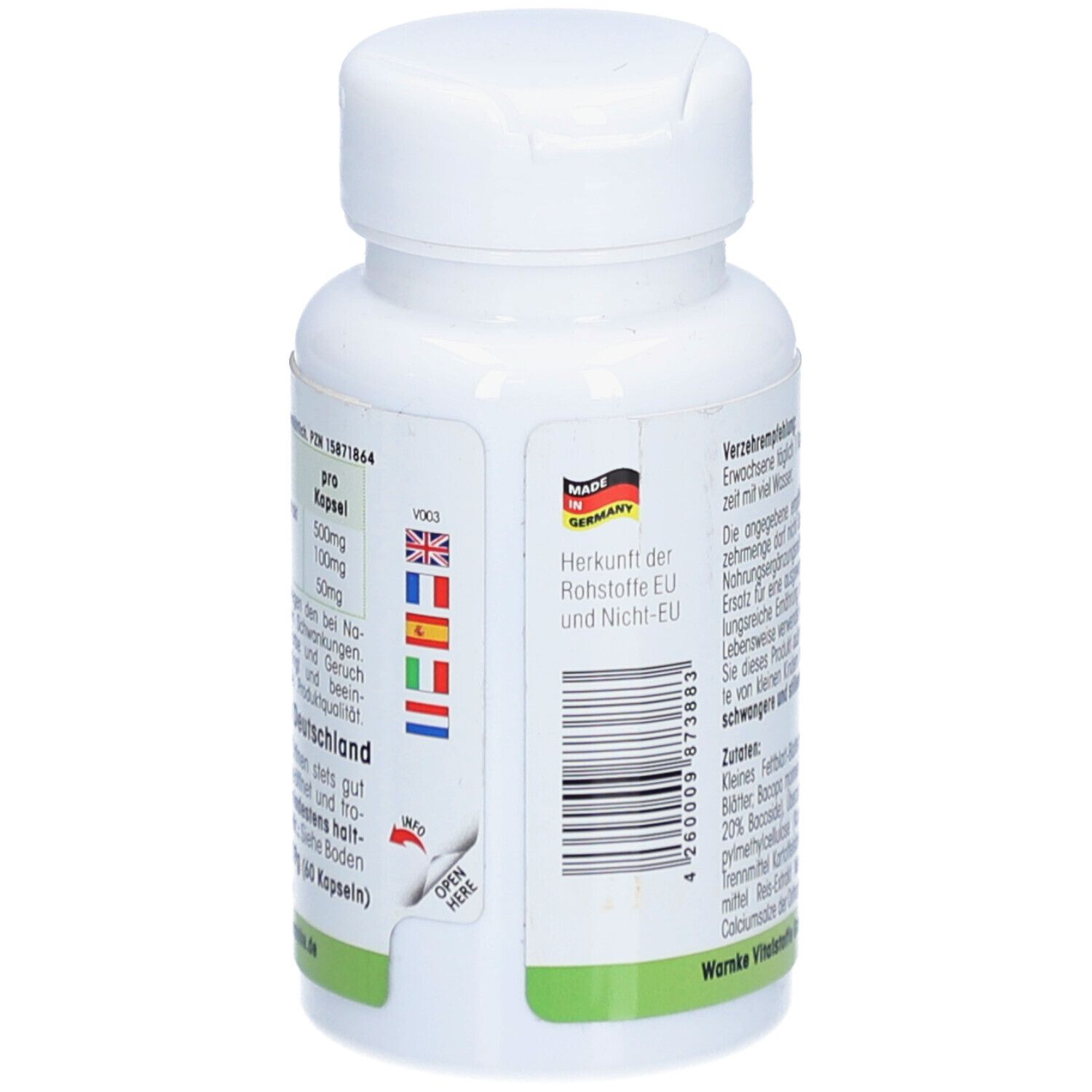 Rückseite der Flasche mit Text und Barcode. Herkunft: Deutschland. Mehrsprachige Informationen und ein Barcode.