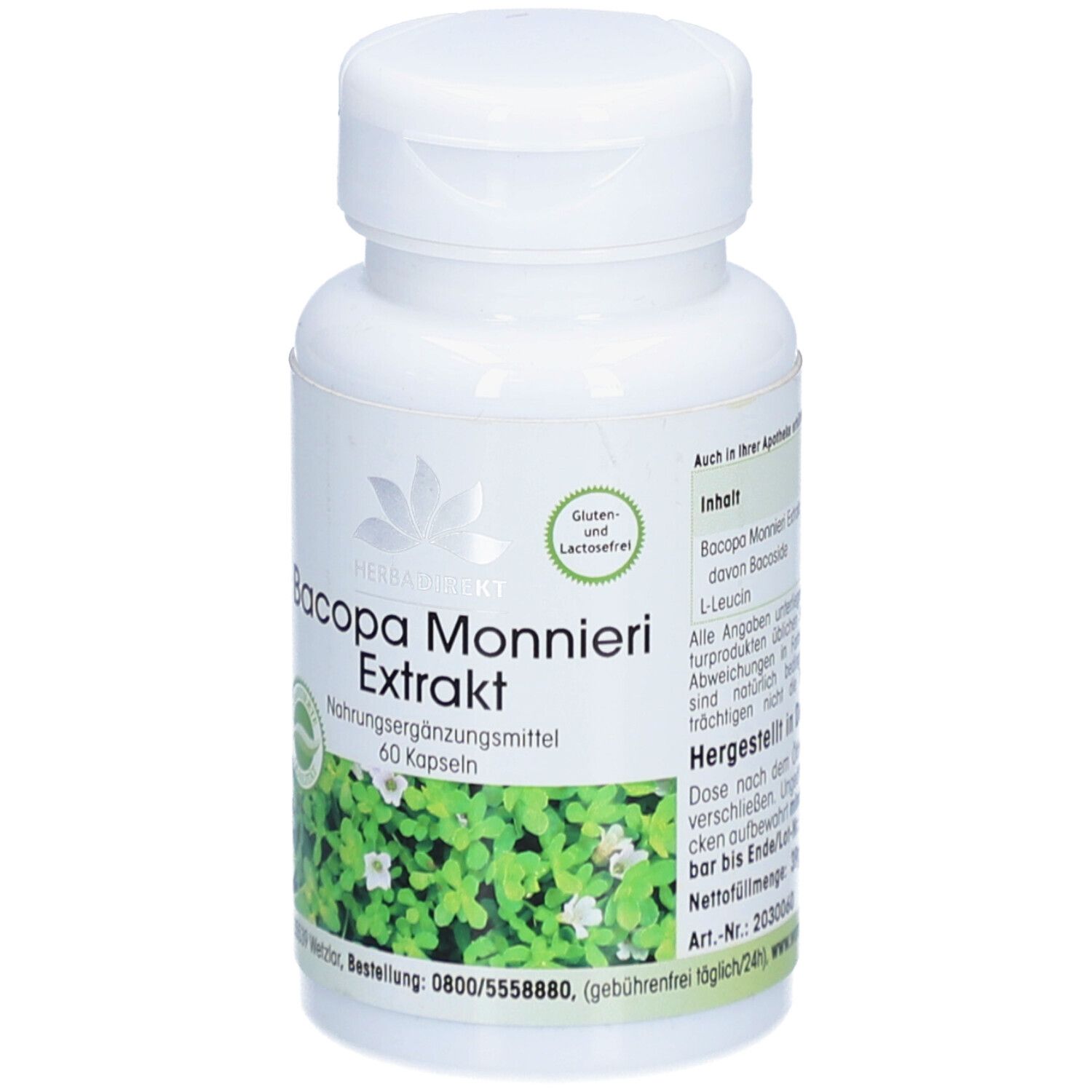 Weiße Flasche mit Kapseln. Aufschrift: Bacopa Monnieri Extrakt. 60 Kapseln. Gluten- und laktosefrei.
